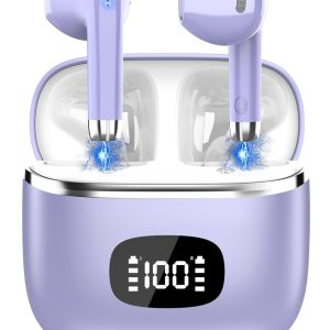 Wireless Earbuds Bluetooth Headphones 5.3 Bass Stereo Earphones, 40H Playtime Ear Buds with LED Power Display, Bluetooth Earbud with Noise Cancelling Mic  Waterproof Earbuds for iOS Android Purple