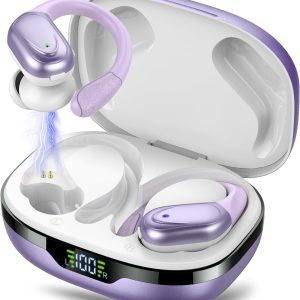 Ear Buds Wireless Earbuds Bluetooth 5.3 Headphones 60hrs Playtime with Digital Display Sports Wireless Headphones with Earhook Deep Bass  Waterproof Over-Ear Earbuds for Android iOS Purple
