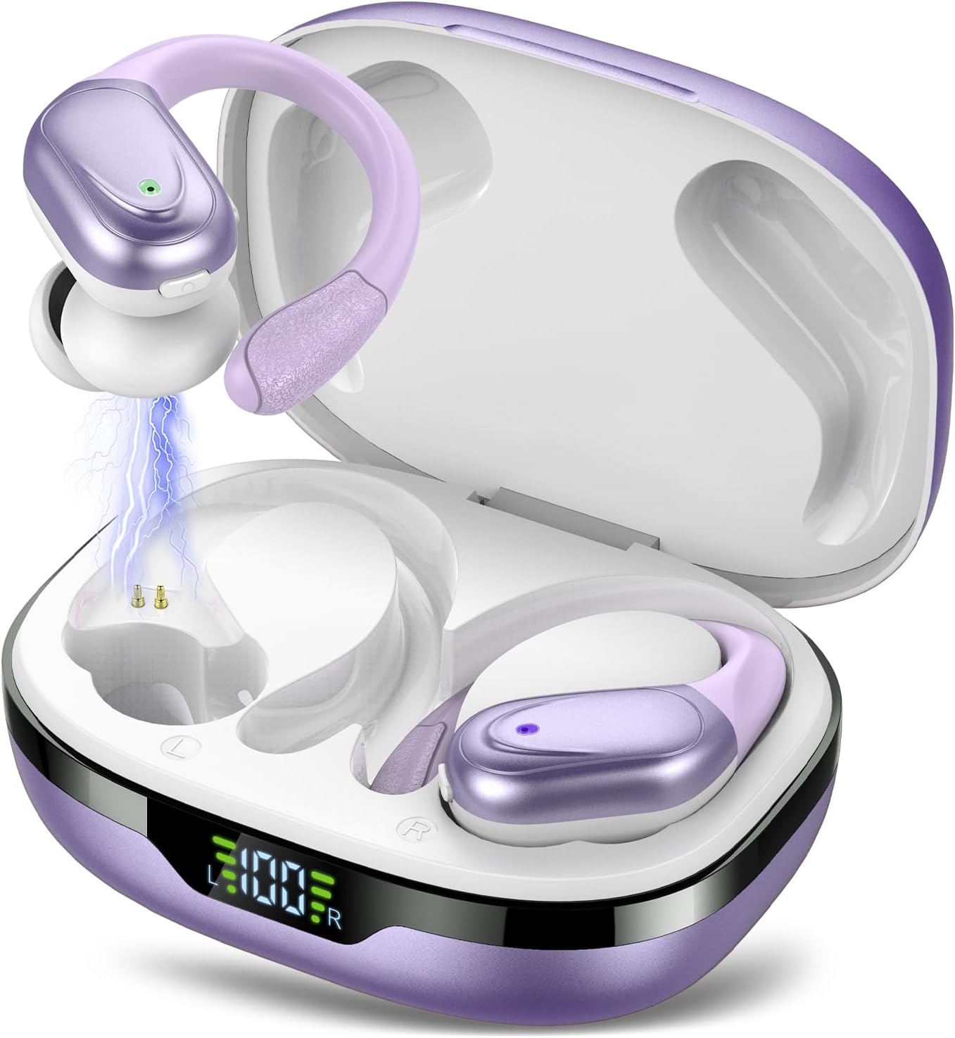 Ear Buds Wireless Earbuds Bluetooth 5.3 Headphones 60hrs Playtime with Digital Display Sports Wireless Headphones with Earhook Deep Bass Waterproof Over-Ear Earbuds for Android iOS Purple