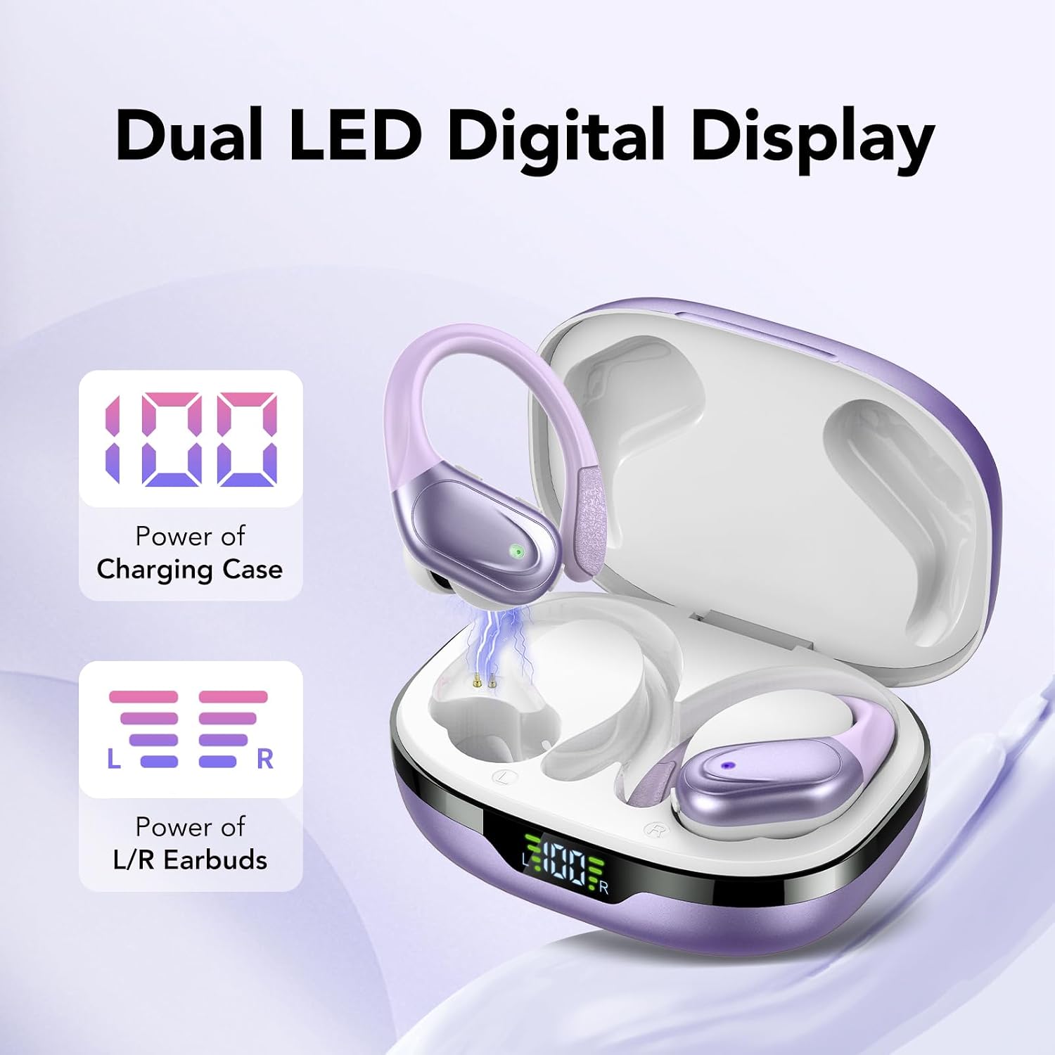 Ear Buds Wireless Earbuds Bluetooth 5.3 Headphones 60hrs Playtime with Digital Display Sports Wireless Headphones with Earhook Deep Bass Waterproof Over-Ear Earbuds for Android iOS Purple - Image 2