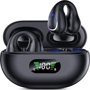 Open Ear Clip Wireless Earbuds Bluetooth 5.3, Sports Earphones Builtin Microphone with Earhooks & Ear Hook, Wireless Charging Case & Display, Waterproof Fitness Headphones for Running
