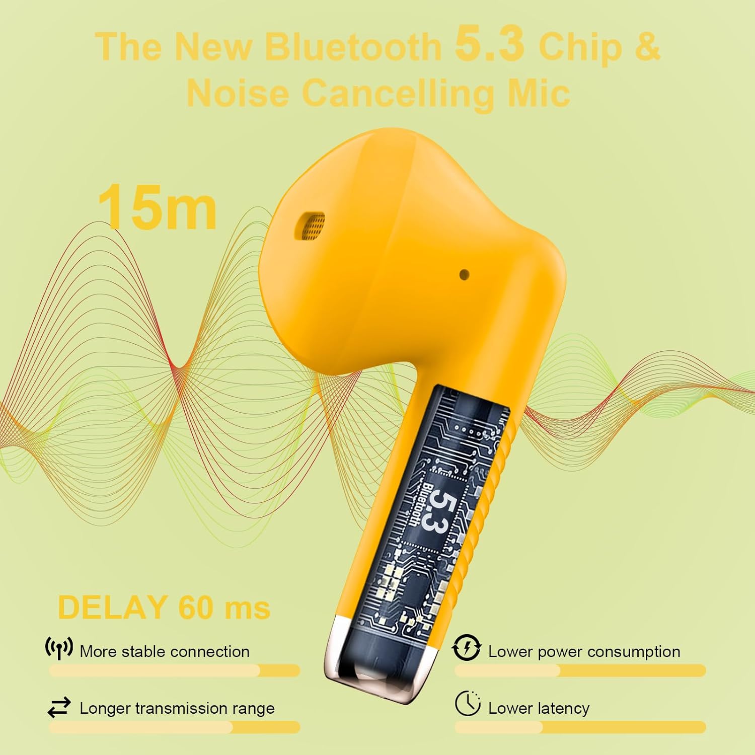 Wireless Earbuds, Bluetooth 5.3 Headphones in Ear with Noise Cancelling Mic, Earbuds Stereo Bass, IP7 Waterproof Sports Earphones, 32H Playtime USB C Charging Ear Buds Yellow for Android iOS - Image 2