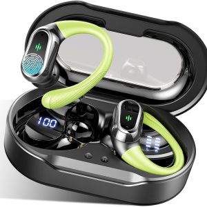 Wireless Ear,  Bluetooth 5.4 Headphones Sport, Bluetooth Ear with  Noise Canceling Mic, 50H Stereo Wireless Headphones  Waterproof with Earhooks, Dual  Display for Workout/Running