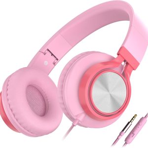 C8 Girls Headphones, On-Ear Headphones Wired with Microphone and Volume Control Foldable Corded Stereo 3.5mm Headset for Girls School Laptop Computer PC Tablets Travel (Pink)